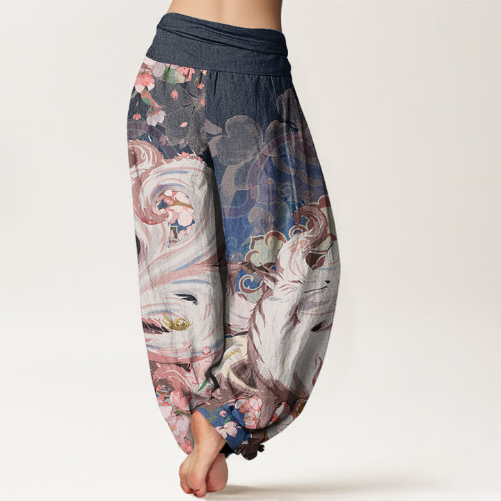 Buddha Stones Fox Cherry Blossoms Women's Elastic Waist Harem Pants