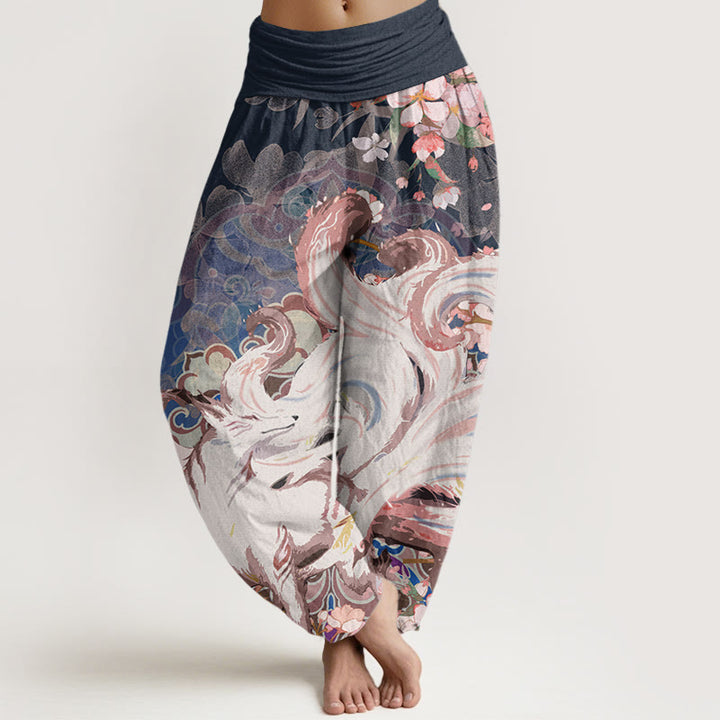 Buddha Stones Fox Cherry Blossoms Women's Elastic Waist Harem Pants - MidnightBlue - US22，UK/AU26，EU54 (6XL) - image 0