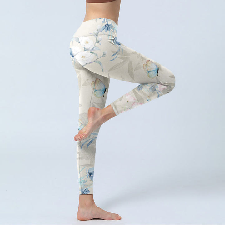 Buddha Stones Cherry Blossom Butterflies Print Gym Leggings Women's Yoga Pants