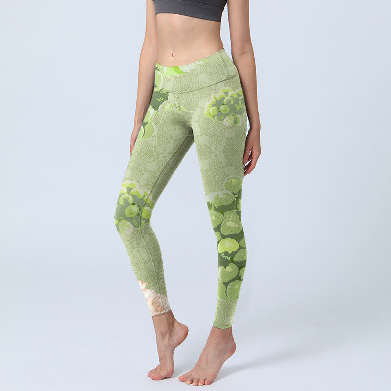 Buddha Stones Green Grapes Pink Roses Gym Leggings Women's Yoga Pants - YellowGreen - US18，UK/AU22，EU50 (4XL) - image 0