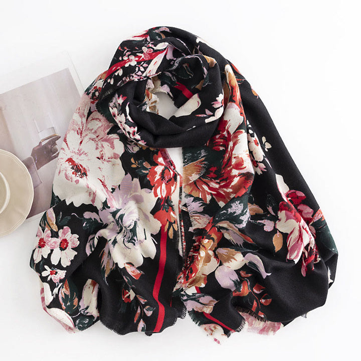 Buddha Stones Tibetan Blooming Rose Peony Flower Print Shawl Fall Winter Cozy Warm Scarf Wrap