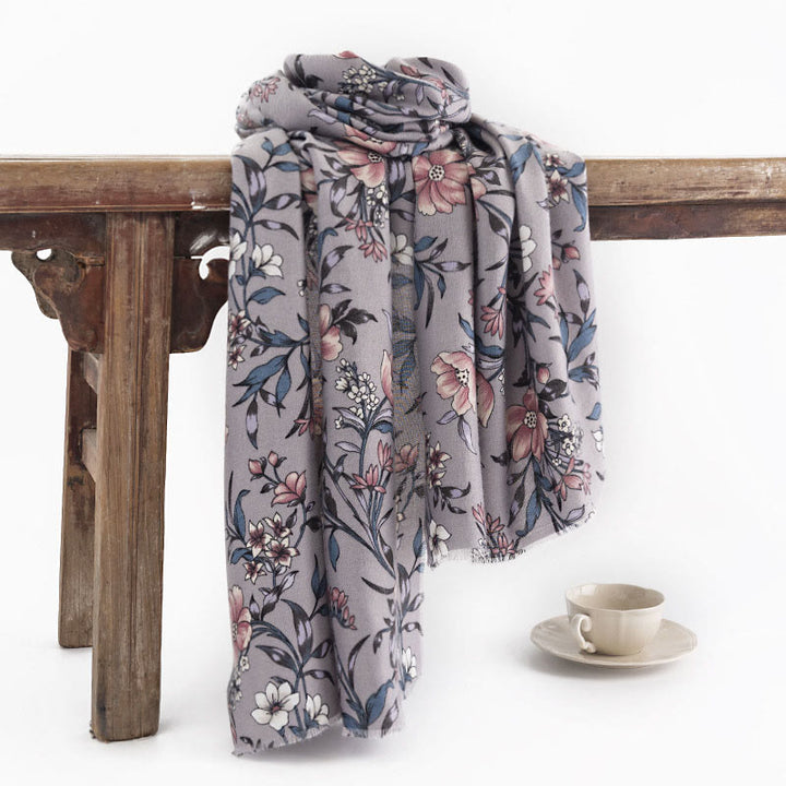 Buddha Stones Tibetan Shawl Retro Blooming Camellia Japonica Print Fall Winter Soft Warm Scarf Wrap - Thistle 190*65cm - image 0