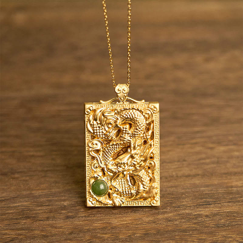 Buddha Stones Dragon Gold Plated Copper Hetian Jade Strength Necklace Pendant