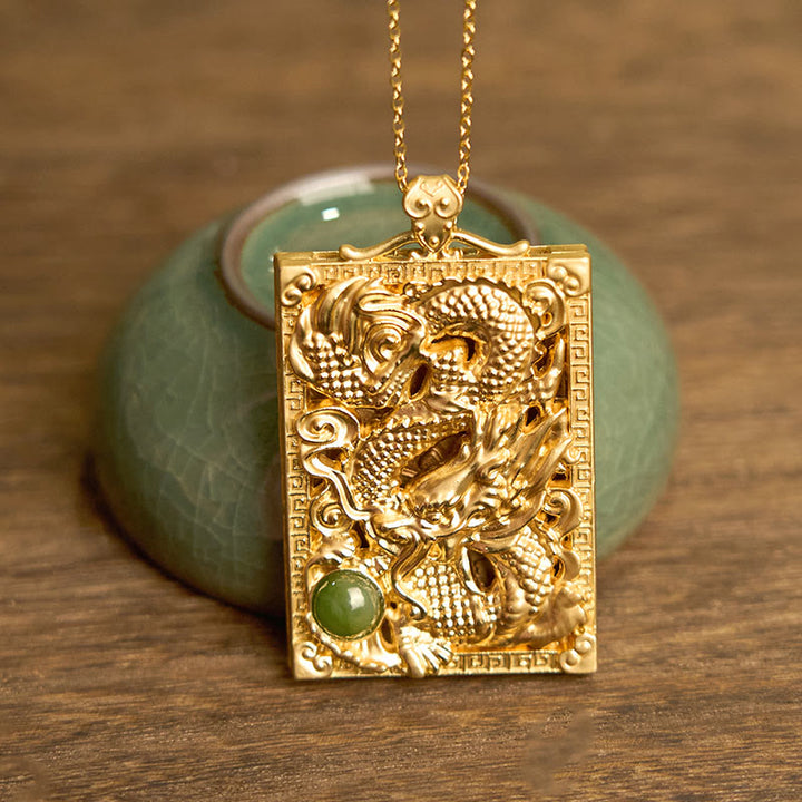 Buddha Stones Dragon Gold Plated Copper Hetian Jade Strength Necklace Pendant