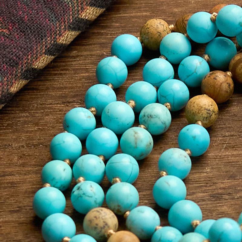 Buddha Stones 108 Mala Beads Turquoise Picture Jasper Bead Tassel Balance Bracelet