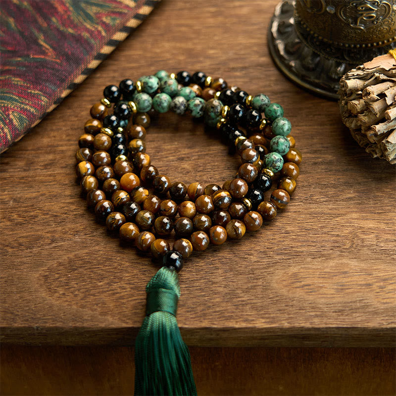 Buddha Stones 108 Mala Natural Stone Tiger Eye Turquoise  Beads Tassel Protection Bracelet