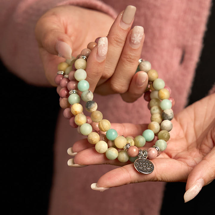 Buddha Stones 108 Mala Rhodonite Amazonite Beads Lotus Compassion Bracelet