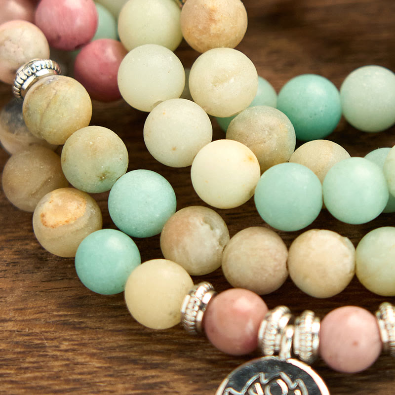 Buddha Stones 108 Mala Rhodonite Amazonite Beads Lotus Compassion Bracelet