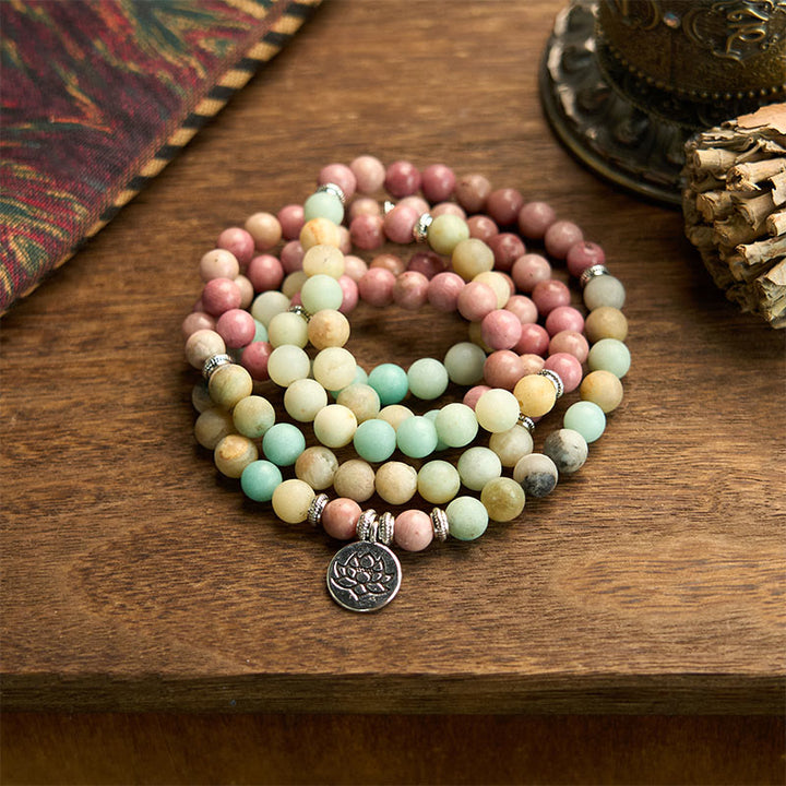 Buddha Stones 108 Mala Rhodonite Amazonite Beads Lotus Compassion Bracelet