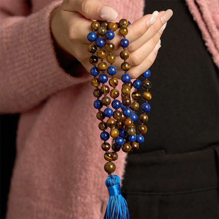 Buddha Stones 108 Beads Natural Stone Tiger Eye Lazurite Mala Tassel Protection Bracelet