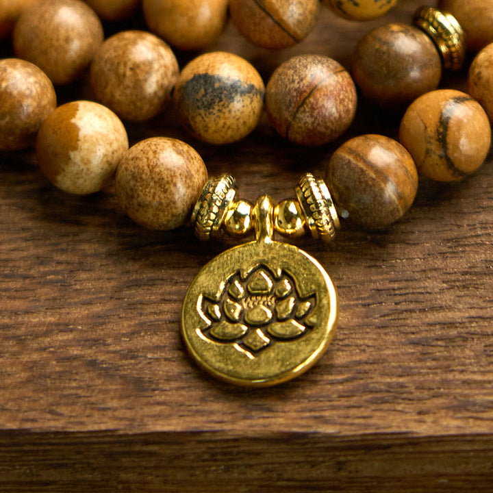 Buddha Stones 108 Beads Picture Jasper Mala Lotus Courage Bracelet