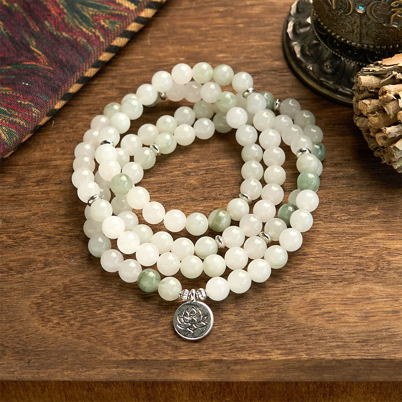 Buddha Stones 108 Mala Beads Natural Tianshan Jade Lotus Luck Bracelet