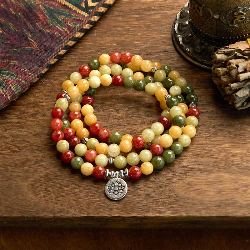 Buddha Stones 108 Mala Beads Natural Colored Stone Topaz Red Jasper Green Jasper Lotus Protection Bracelet