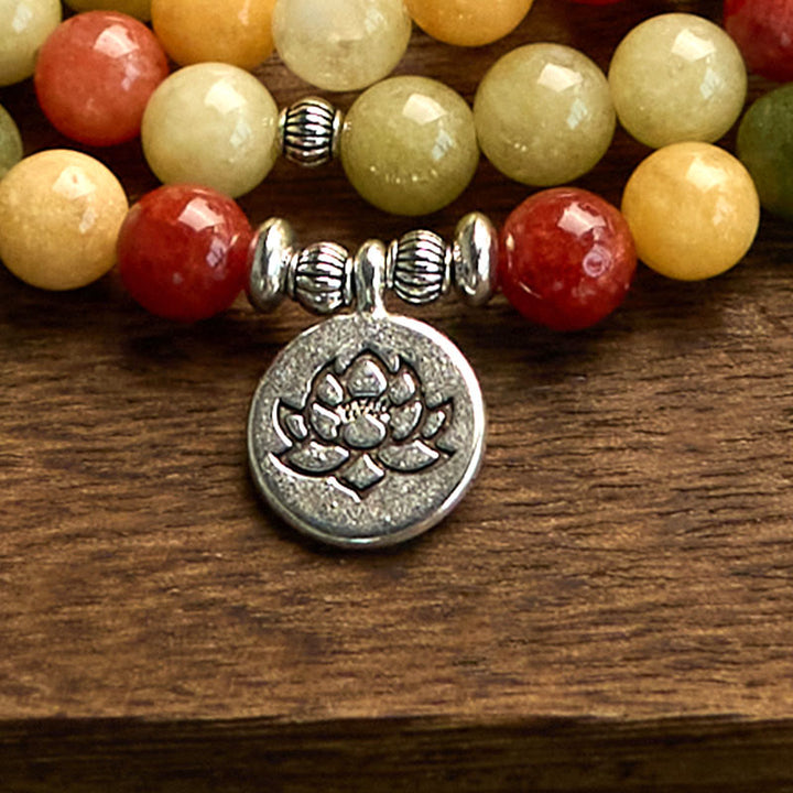 Buddha Stones 108 Mala Beads Natural Colored Stone Topaz Red Jasper Green Jasper Lotus Protection Bracelet