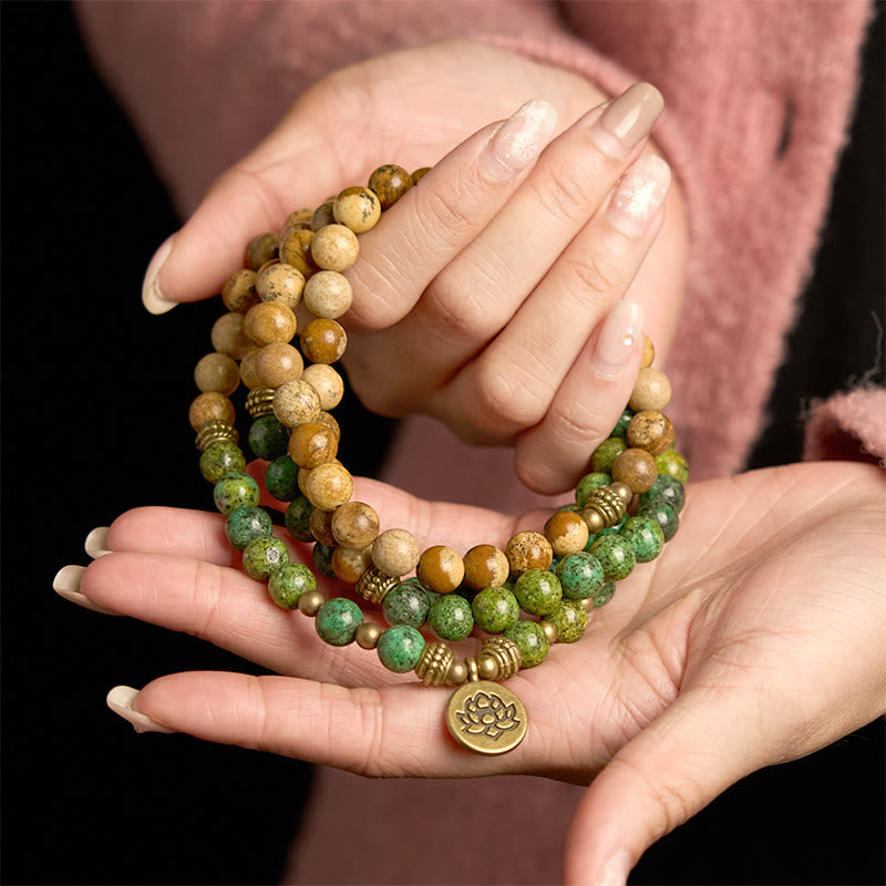 Buddha Stones 108 Mala Beads Natural Stone Picture Jasper Turquoise Lotus Positive Bracelet