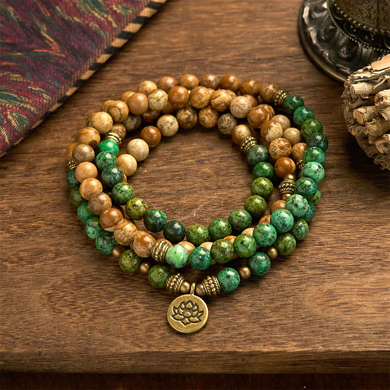 Buddha Stones 108 Mala Beads Natural Stone Picture Jasper Turquoise Lotus Positive Bracelet