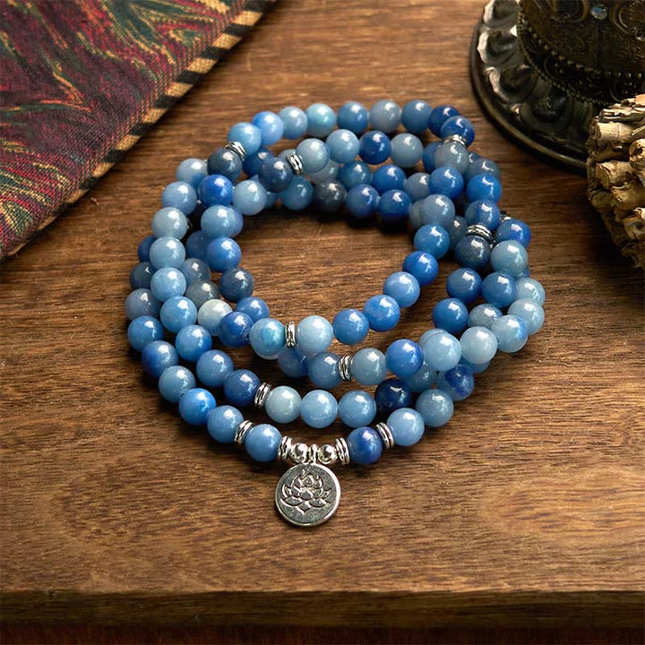 Buddha Stones 108 Mala Beads Multi-layer Natural Blue Aventurine Lotus Calm Bracelet