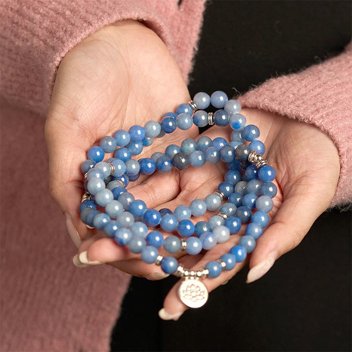 Buddha Stones 108 Mala Beads Multi-layer Natural Blue Aventurine Lotus Calm Bracelet