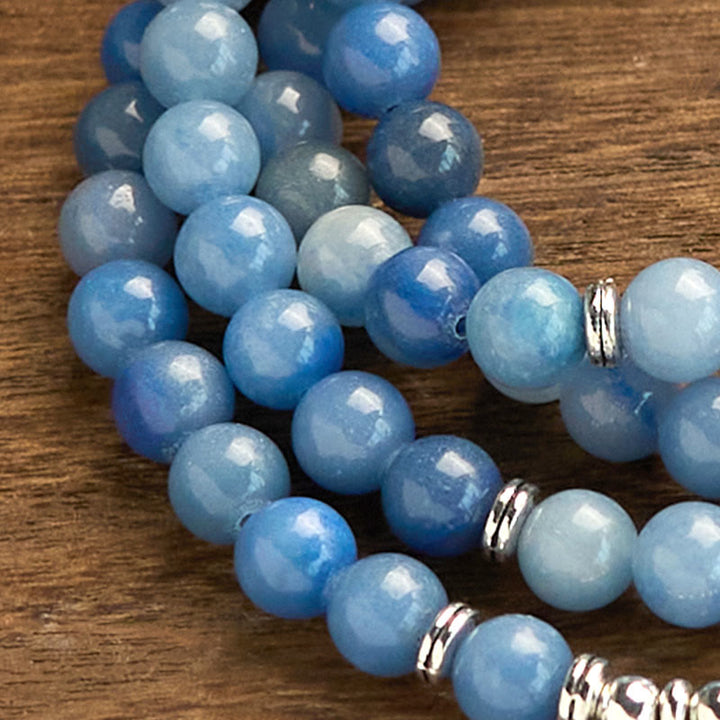 Buddha Stones 108 Mala Beads Multi-layer Natural Blue Aventurine Lotus Calm Bracelet