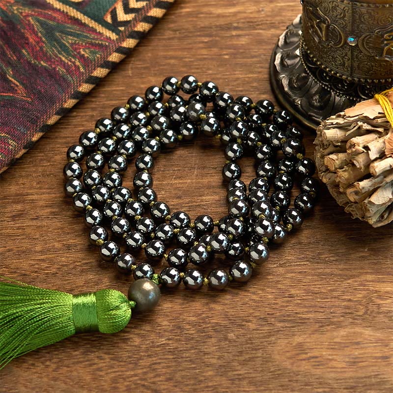 Buddha Stones 108 Mala Beads Natural Stone Hematite Tassel Powerful Bracelet