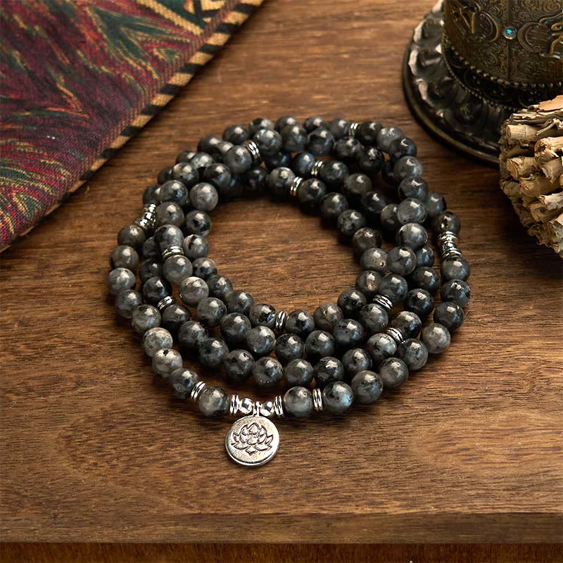 Buddha Stones 108 Mala Beads Multi-layer Natural Black Glitter Stone Lotus Positivity Bracelet