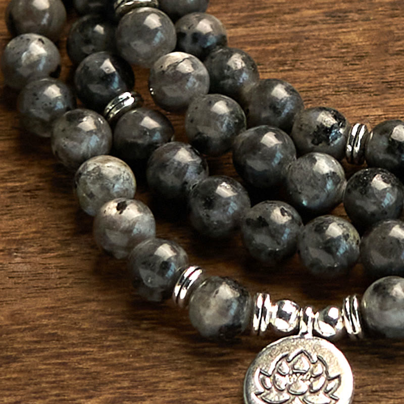 Buddha Stones 108 Mala Beads Multi-layer Natural Black Glitter Stone Lotus Positivity Bracelet