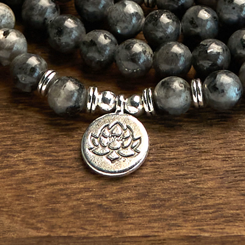 Buddha Stones 108 Mala Beads Multi-layer Natural Black Glitter Stone Lotus Positivity Bracelet