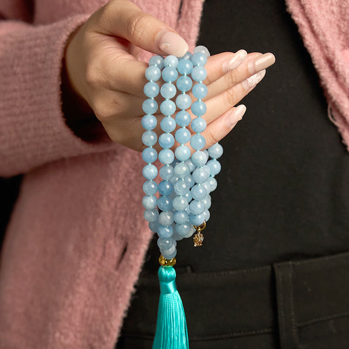 Buddha Stones 108 Mala Beads Natural Stone Aquamarine Tassel Lotus Healing Bracelet