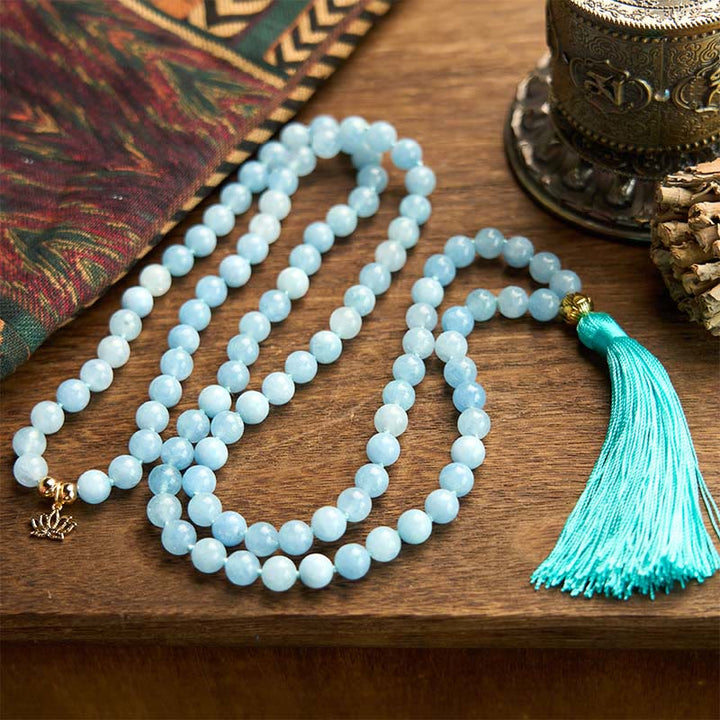 Buddha Stones 108 Mala Beads Natural Stone Aquamarine Tassel Lotus Healing Bracelet