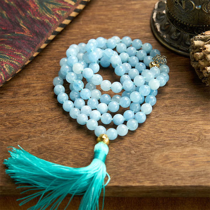 Buddha Stones 108 Mala Beads Natural Stone Aquamarine Tassel Lotus Healing Bracelet