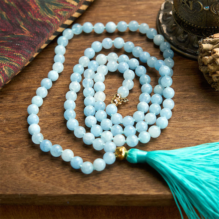 Buddha Stones 108 Mala Beads Natural Stone Aquamarine Tassel Lotus Healing Bracelet