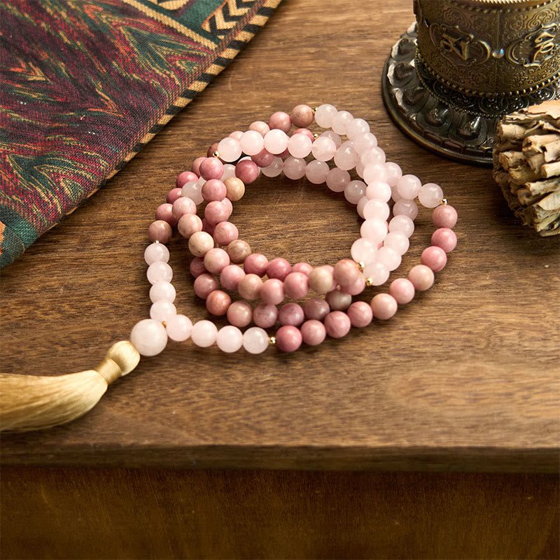 Buddha Stones 108 Mala Beads Rhodonite Rose Quartz Tassel Healing Bracelet