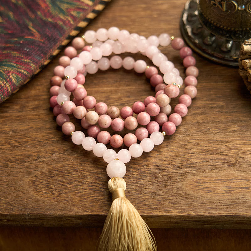 Buddha Stones 108 Mala Beads Rhodonite Rose Quartz Tassel Healing Bracelet