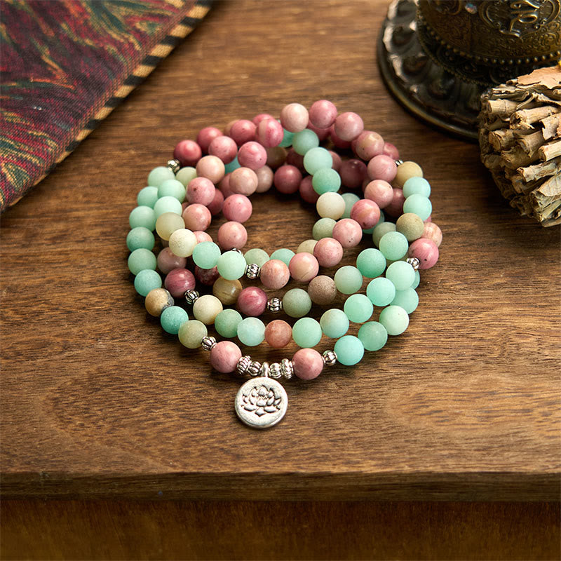 Buddha Stones 108 Mala Beads Rhodonite Amazonite Lotus Healing Bracelet