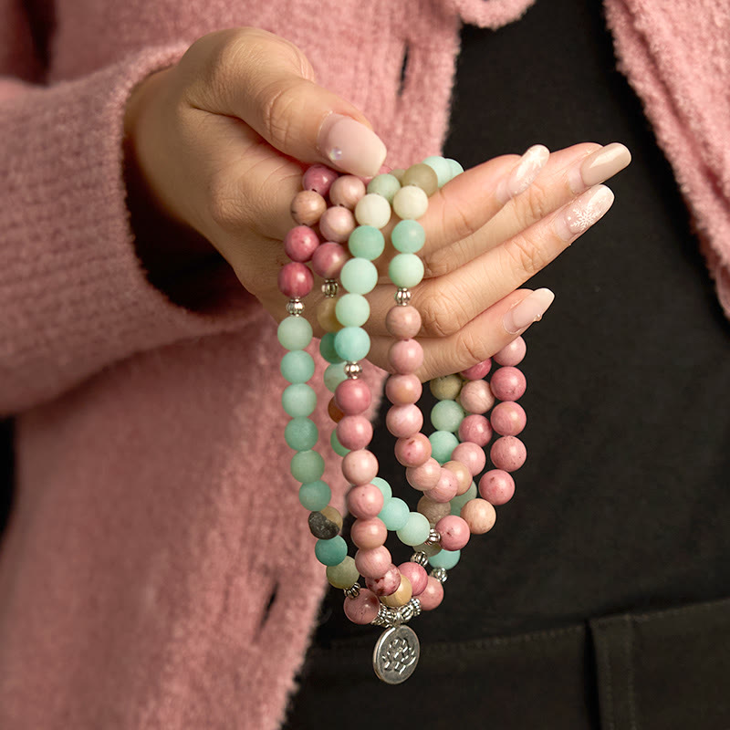 Buddha Stones 108 Mala Beads Rhodonite Amazonite Lotus Healing Bracelet