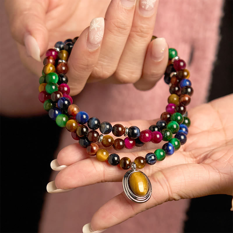 Buddha Stones 108 Mala Beads Natural Colorful Tiger Eye Stone Multi-turn Protection Bracelet