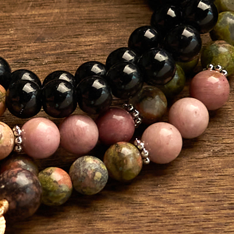 Buddha Stones 108 Mala Beads Black Jasper Rhodonite Khaki Tassel Healing Bracelet