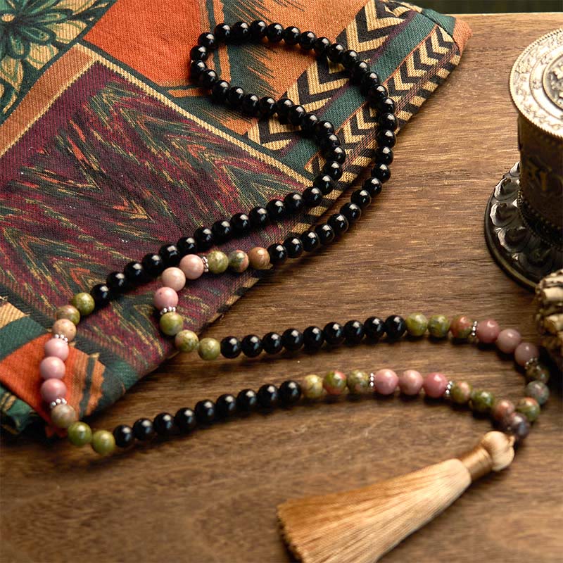 Buddha Stones 108 Mala Beads Black Jasper Rhodonite Khaki Tassel Healing Bracelet