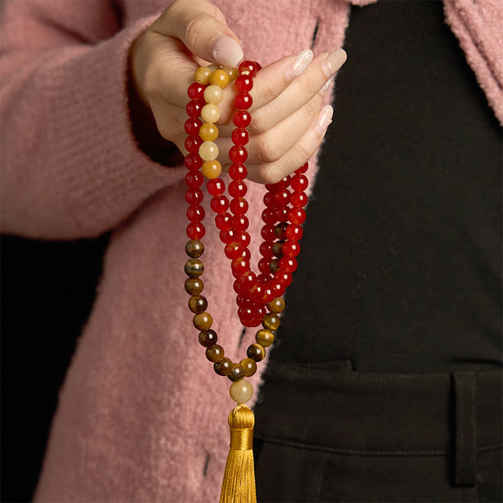 Buddha Stones 108 Mala Beads Red Agate Tiger Eye Yellow Tassel Calm Bracelet - image 2