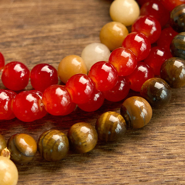 Buddha Stones 108 Mala Beads Red Agate Tiger Eye Yellow Tassel Calm Bracelet