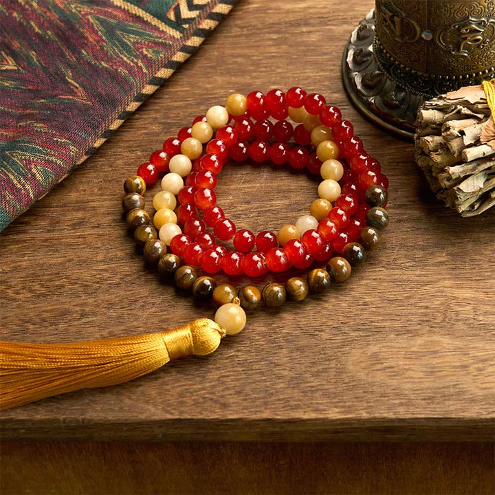 Buddha Stones 108 Mala Beads Red Agate Tiger Eye Yellow Tassel Calm Bracelet - Red Agate Yellow Tassel(Wrist Circumference: 14-16cm) - image 0