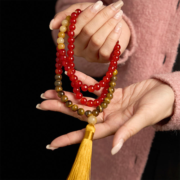 Buddha Stones 108 Mala Beads Red Agate Tiger Eye Yellow Tassel Calm Bracelet - image 3