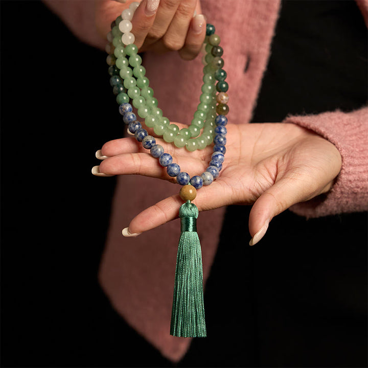 Buddha Stones 108 Mala Beads Natural Green Aventurine Blue Spot Jasper Indian Agate Green Tassel Luck Bracelet