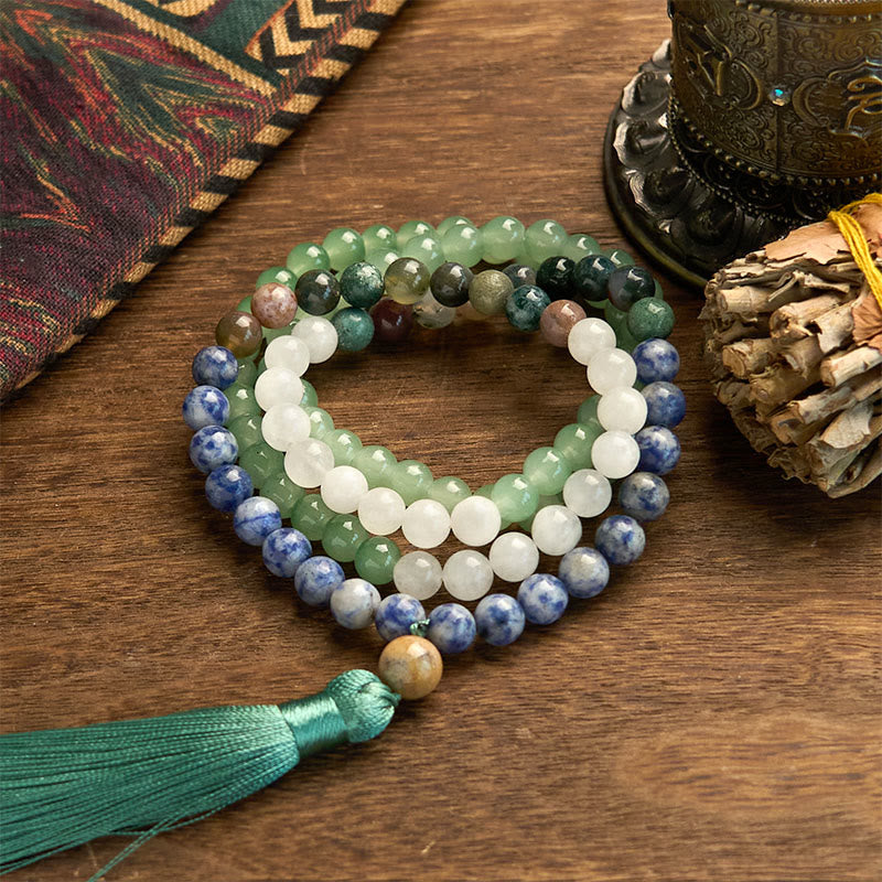 Buddha Stones 108 Mala Beads Natural Green Aventurine Blue Spot Jasper Indian Agate Green Tassel Luck Bracelet