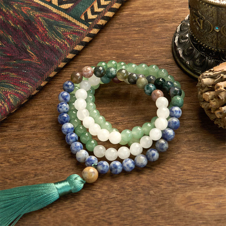 Buddha Stones 108 Mala Beads Natural Green Aventurine Blue Spot Jasper Indian Agate Green Tassel Luck Bracelet