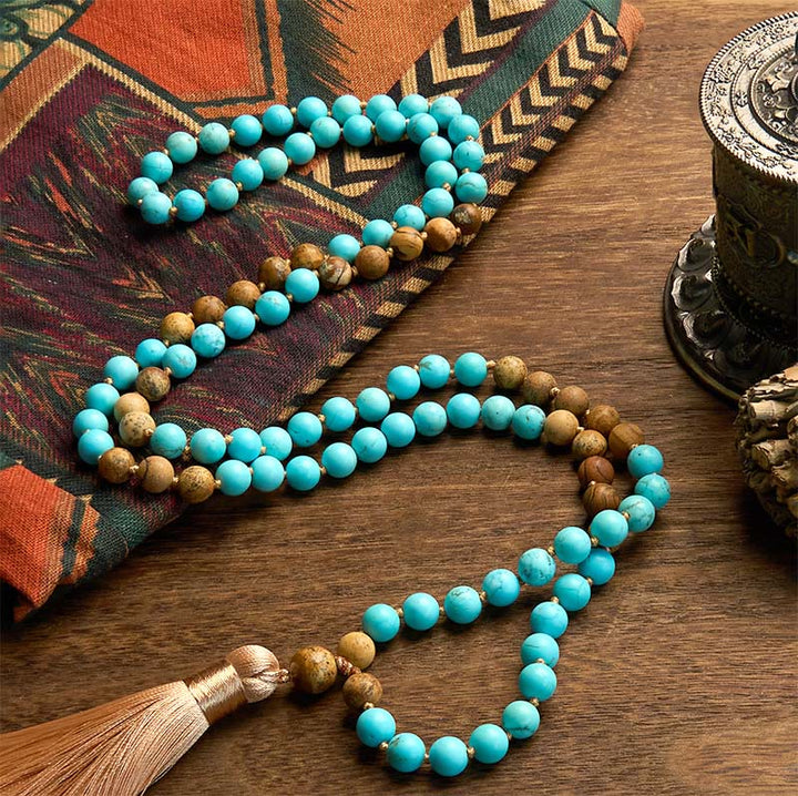 Buddha Stones 108 Mala Beads Turquoise Picture Jasper Bead Tassel Balance Bracelet