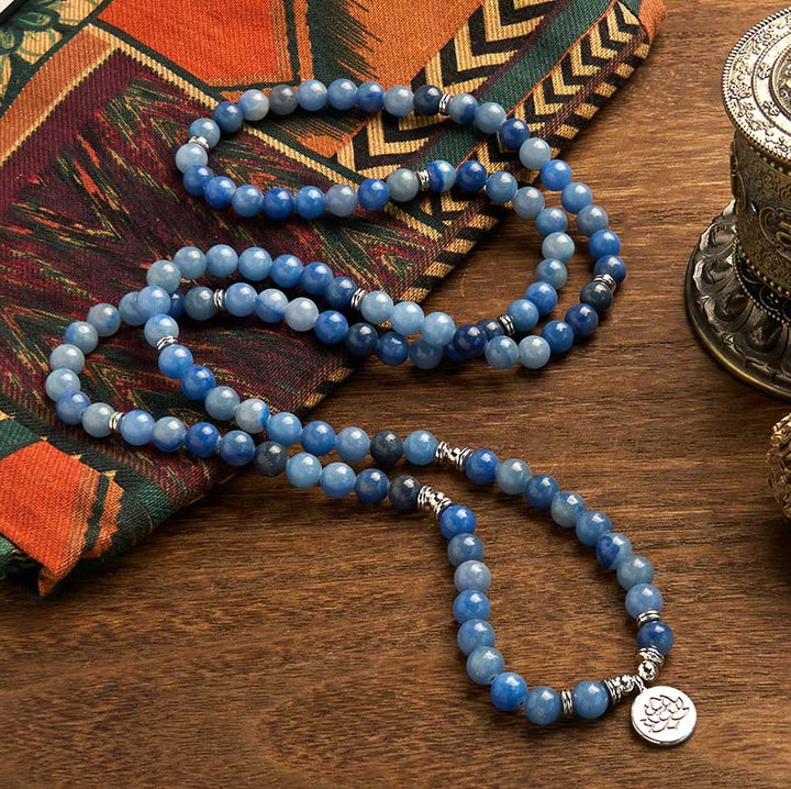 Buddha Stones 108 Mala Beads Multi-layer Natural Blue Aventurine Lotus Calm Bracelet