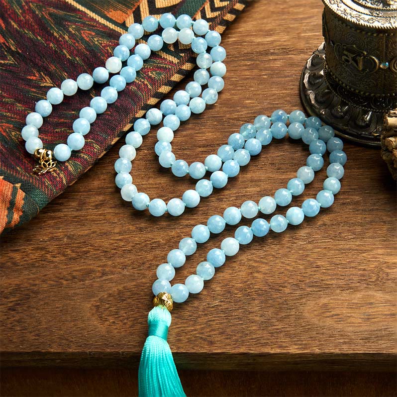 Buddha Stones 108 Mala Beads Natural Stone Aquamarine Tassel Lotus Healing Bracelet