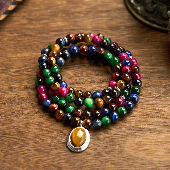 Buddha Stones 108 Mala Beads Natural Colorful Tiger Eye Stone Multi-turn Protection Bracelet - Colorful Tiger Eye  (Wrist Circumference: 14-16cm) - image 0