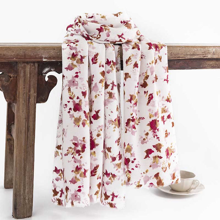 Buddha Stones Tibetan Floral Falling Leaves Print Shawl Fall Winter Cozy Warm Travel Scarf Wrap - White 190*65cm - image 0